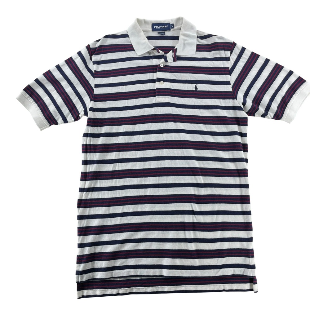 Polo Golf Ralph Lauren Mens Large Striped Pique Polo Shirt White Navy Red L
